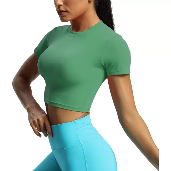 Aoxjox Short Sleeve Crop Tops for Women Classic Longline Workout Crop T Shirt TopBottle Green