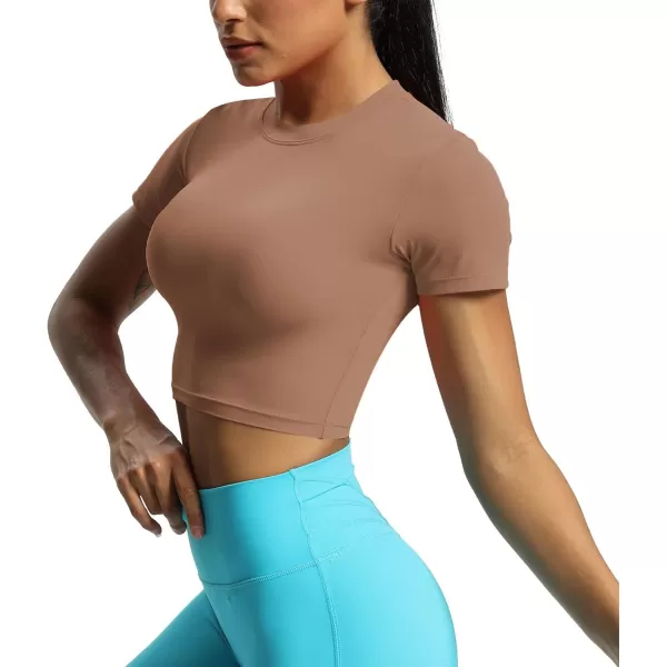 Aoxjox Short Sleeve Crop Tops for Women Classic Longline Workout Crop T Shirt TopBrownie