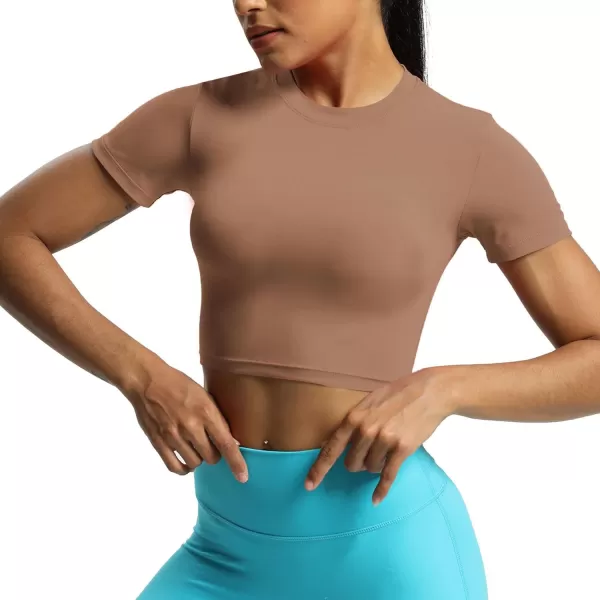 Aoxjox Short Sleeve Crop Tops for Women Classic Longline Workout Crop T Shirt TopBrownie