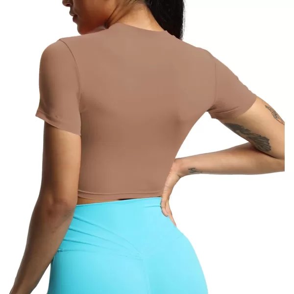 Aoxjox Short Sleeve Crop Tops for Women Classic Longline Workout Crop T Shirt TopBrownie