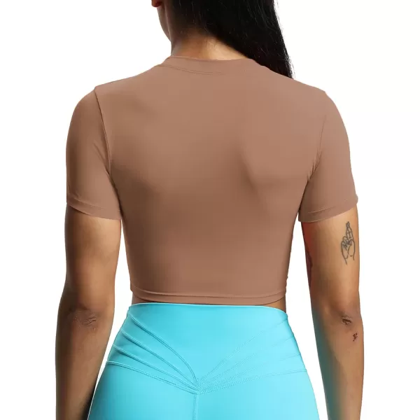Aoxjox Short Sleeve Crop Tops for Women Classic Longline Workout Crop T Shirt TopBrownie