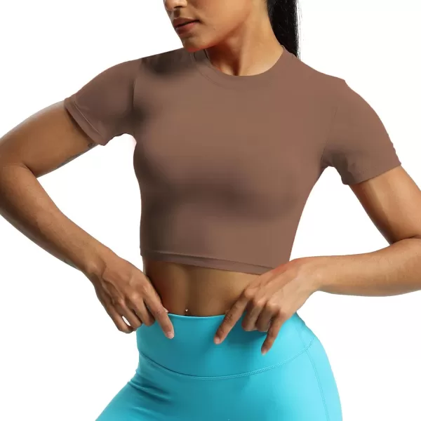 Aoxjox Short Sleeve Crop Tops for Women Classic Longline Workout Crop T Shirt TopFudge Coffee