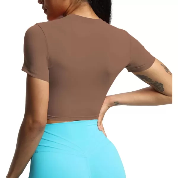 Aoxjox Short Sleeve Crop Tops for Women Classic Longline Workout Crop T Shirt TopFudge Coffee