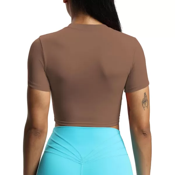 Aoxjox Short Sleeve Crop Tops for Women Classic Longline Workout Crop T Shirt TopFudge Coffee