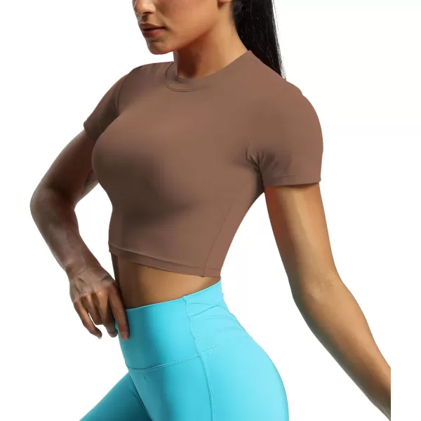 Aoxjox Short Sleeve Crop Tops for Women Classic Longline Workout Crop T Shirt TopFudge Coffee