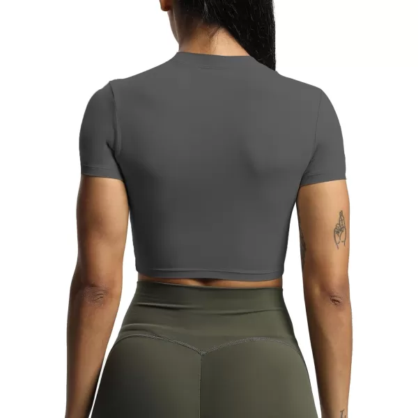 Aoxjox Short Sleeve Crop Tops for Women Classic Longline Workout Crop T Shirt TopIron Grey