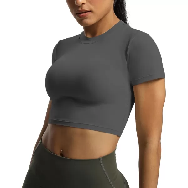 Aoxjox Short Sleeve Crop Tops for Women Classic Longline Workout Crop T Shirt TopIron Grey