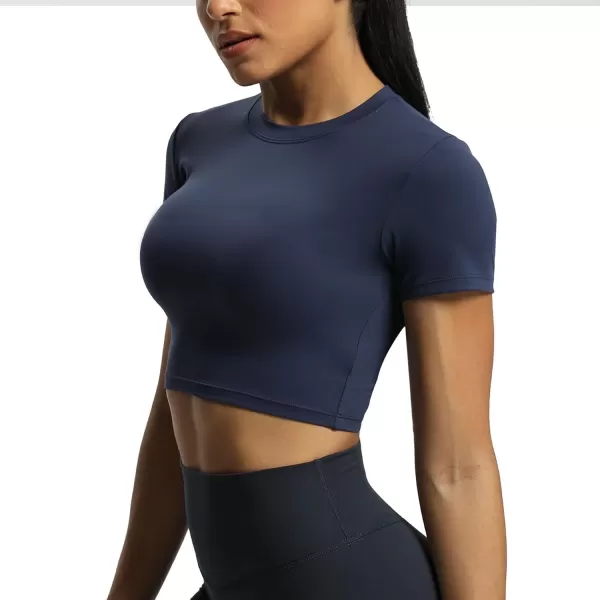 Aoxjox Short Sleeve Crop Tops for Women Classic Longline Workout Crop T Shirt TopNavy