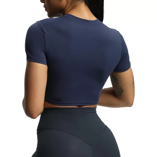 Aoxjox Short Sleeve Crop Tops for Women Classic Longline Workout Crop T Shirt TopNavy
