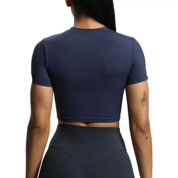 Aoxjox Short Sleeve Crop Tops for Women Classic Longline Workout Crop T Shirt TopNavy