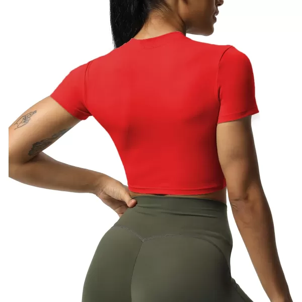 Aoxjox Short Sleeve Crop Tops for Women Classic Longline Workout Crop T Shirt TopRacing Red