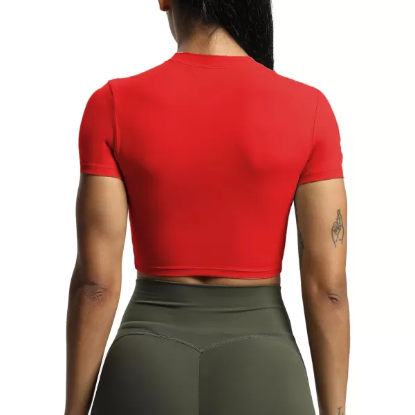 Aoxjox Short Sleeve Crop Tops for Women Classic Longline Workout Crop T Shirt TopRacing Red