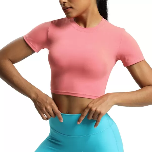 Aoxjox Short Sleeve Crop Tops for Women Classic Longline Workout Crop T Shirt TopSalmon Rose
