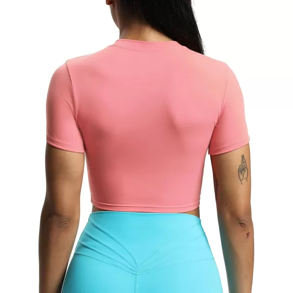 Aoxjox Short Sleeve Crop Tops for Women Classic Longline Workout Crop T Shirt TopSalmon Rose