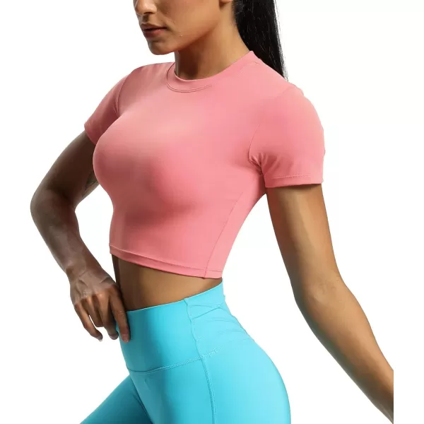 Aoxjox Short Sleeve Crop Tops for Women Classic Longline Workout Crop T Shirt TopSalmon Rose