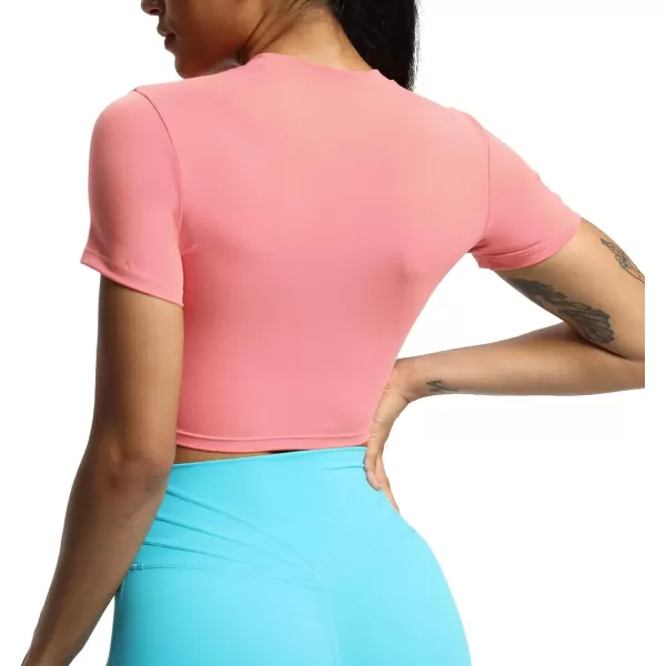 Aoxjox Short Sleeve Crop Tops for Women Classic Longline Workout Crop T Shirt TopSalmon Rose