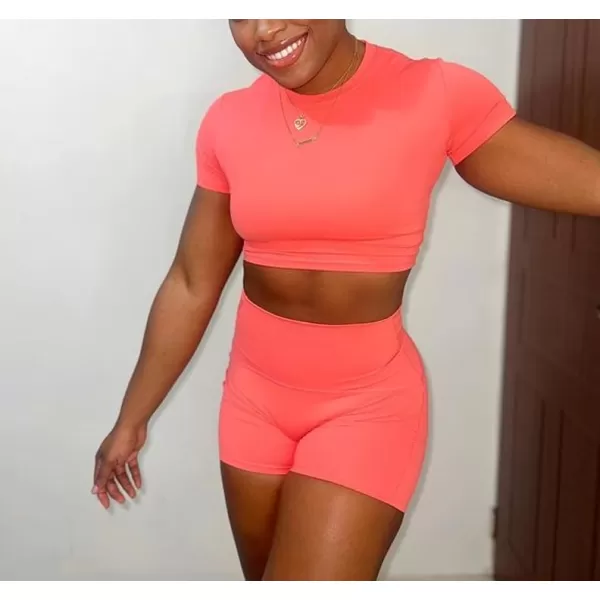 Aoxjox Short Sleeve Crop Tops for Women Classic Longline Workout Crop T Shirt TopSpiced Coral