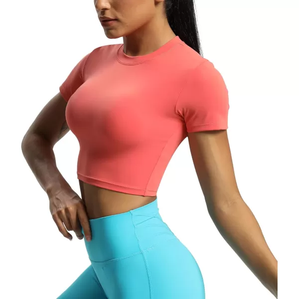 Aoxjox Short Sleeve Crop Tops for Women Classic Longline Workout Crop T Shirt TopSpiced Coral