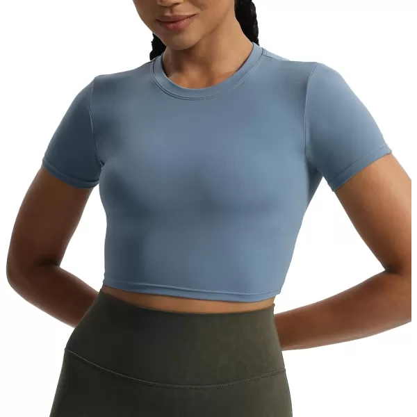Aoxjox Short Sleeve Crop Tops for Women Classic Longline Workout Crop T Shirt TopSteel Blue