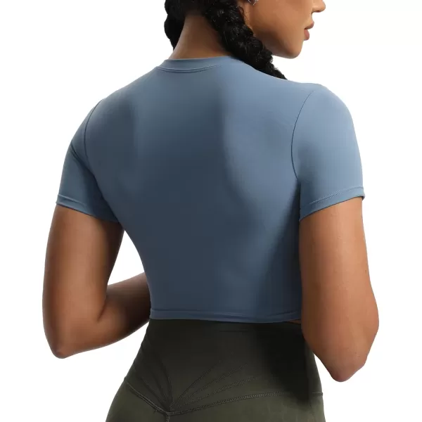 Aoxjox Short Sleeve Crop Tops for Women Classic Longline Workout Crop T Shirt TopSteel Blue
