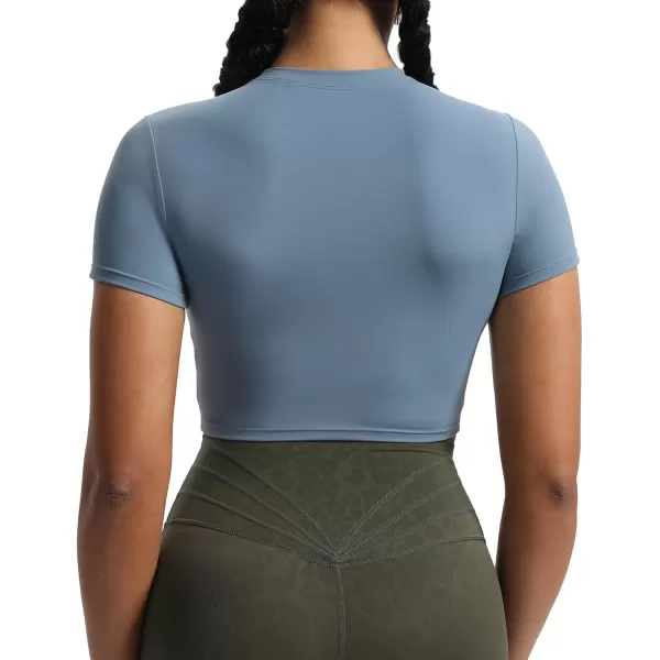 Aoxjox Short Sleeve Crop Tops for Women Classic Longline Workout Crop T Shirt TopSteel Blue