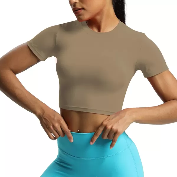Aoxjox Short Sleeve Crop Tops for Women Classic Longline Workout Crop T Shirt TopTaupe