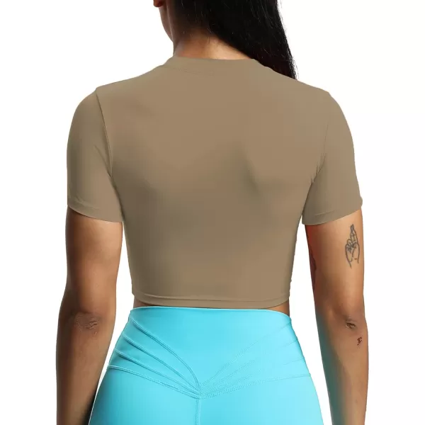 Aoxjox Short Sleeve Crop Tops for Women Classic Longline Workout Crop T Shirt TopTaupe