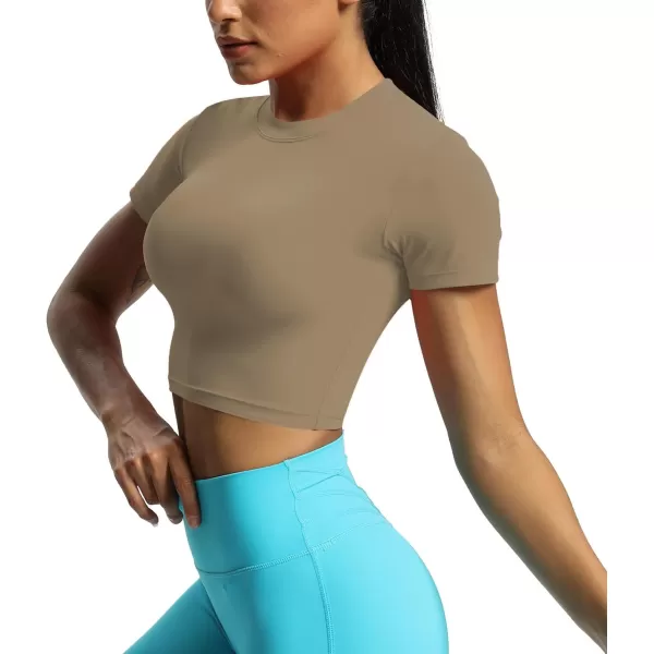 Aoxjox Short Sleeve Crop Tops for Women Classic Longline Workout Crop T Shirt TopTaupe