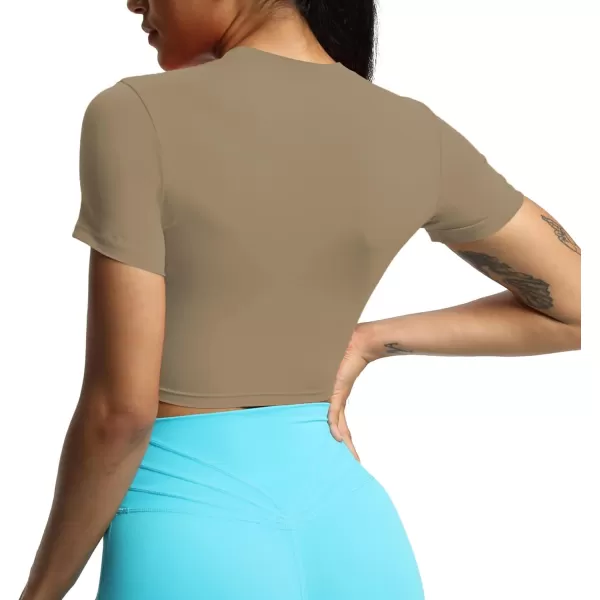 Aoxjox Short Sleeve Crop Tops for Women Classic Longline Workout Crop T Shirt TopTaupe
