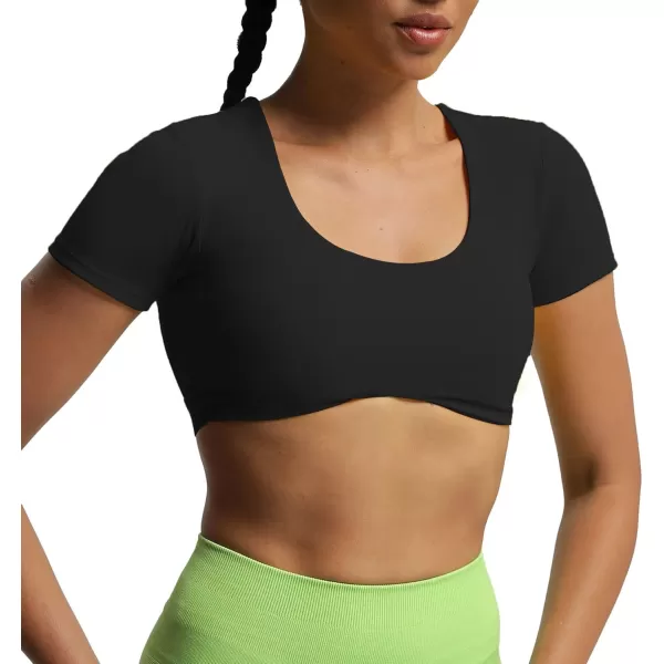 Aoxjox Short Sleeve Crop Tops for Women Define Sculpt Workout Crop T Shirt TopBlack