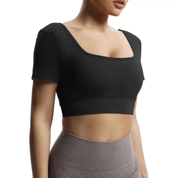 imageAoxjox Short Sleeve Crop Tops for Women Nancy Longline Square Neck V Back Workout Crop T Shirt TopBlack