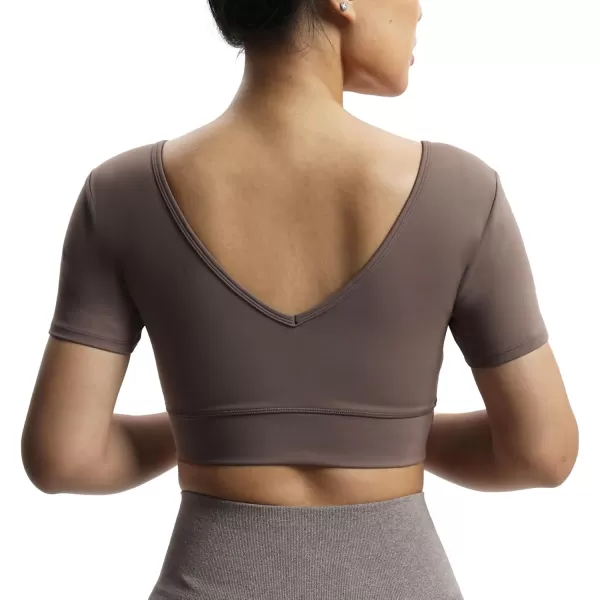 imageAoxjox Short Sleeve Crop Tops for Women Nancy Longline Square Neck V Back Workout Crop T Shirt TopFudge Coffee