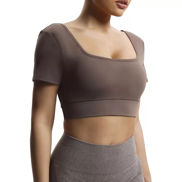 imageAoxjox Short Sleeve Crop Tops for Women Nancy Longline Square Neck V Back Workout Crop T Shirt TopFudge Coffee