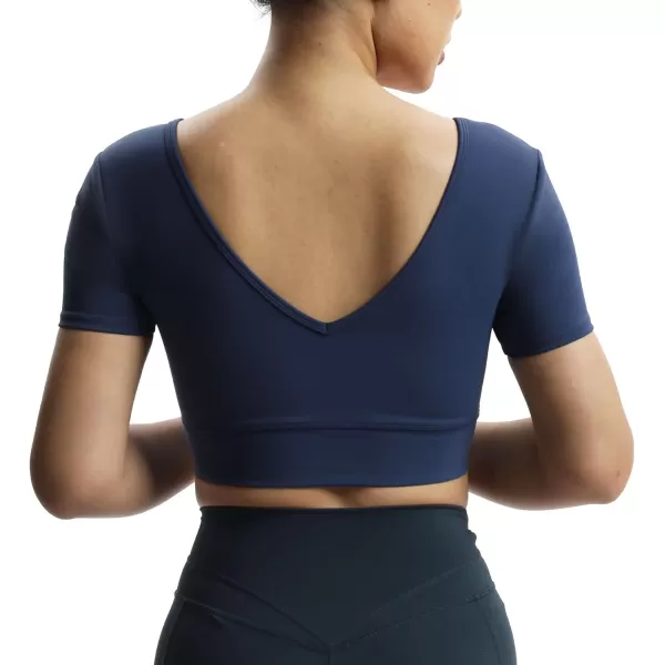 imageAoxjox Short Sleeve Crop Tops for Women Nancy Longline Square Neck V Back Workout Crop T Shirt TopNavy