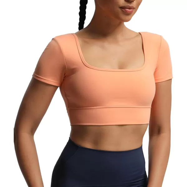 imageAoxjox Short Sleeve Crop Tops for Women Nancy Longline Square Neck V Back Workout Crop T Shirt TopPapaya