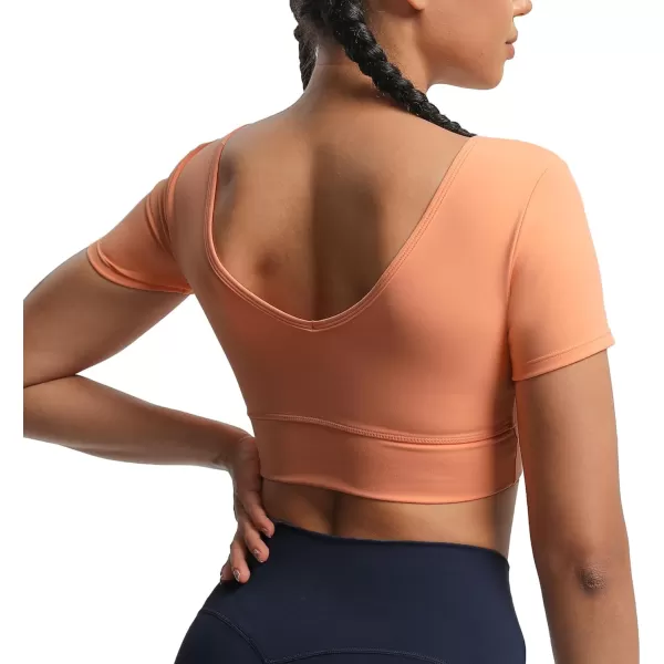 imageAoxjox Short Sleeve Crop Tops for Women Nancy Longline Square Neck V Back Workout Crop T Shirt TopPapaya