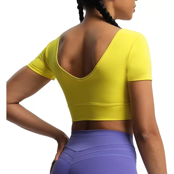 imageAoxjox Short Sleeve Crop Tops for Women Nancy Longline Square Neck V Back Workout Crop T Shirt TopVibrant Yellow
