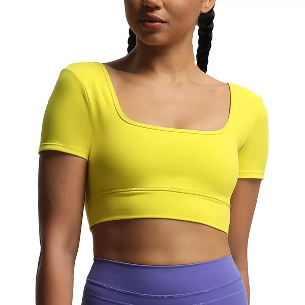 imageAoxjox Short Sleeve Crop Tops for Women Nancy Longline Square Neck V Back Workout Crop T Shirt TopVibrant Yellow