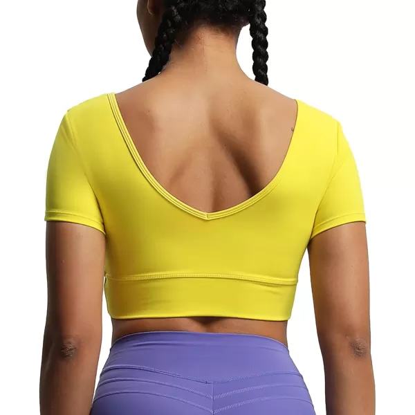 imageAoxjox Short Sleeve Crop Tops for Women Nancy Longline Square Neck V Back Workout Crop T Shirt TopVibrant Yellow