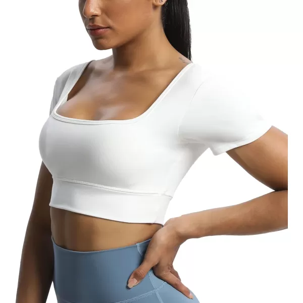 imageAoxjox Short Sleeve Crop Tops for Women Nancy Longline Square Neck V Back Workout Crop T Shirt TopWhite