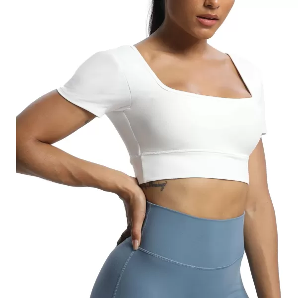 imageAoxjox Short Sleeve Crop Tops for Women Nancy Longline Square Neck V Back Workout Crop T Shirt TopWhite