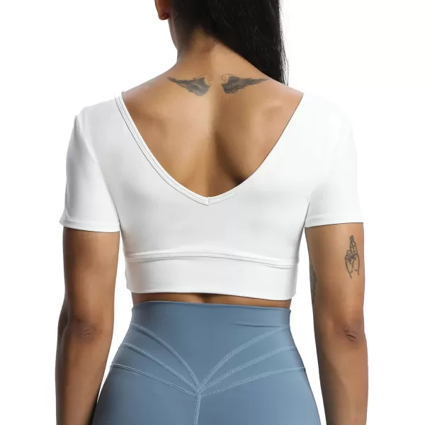 imageAoxjox Short Sleeve Crop Tops for Women Nancy Longline Square Neck V Back Workout Crop T Shirt TopWhite