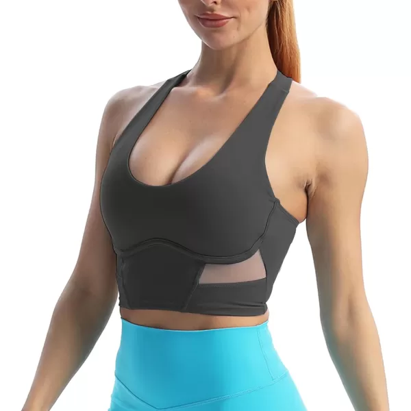 Aoxjox Womens Workout Sports Bras Blair Adjust Longline Fitness Padded Bra Yoga Crop Mesh Tank TopBlack
