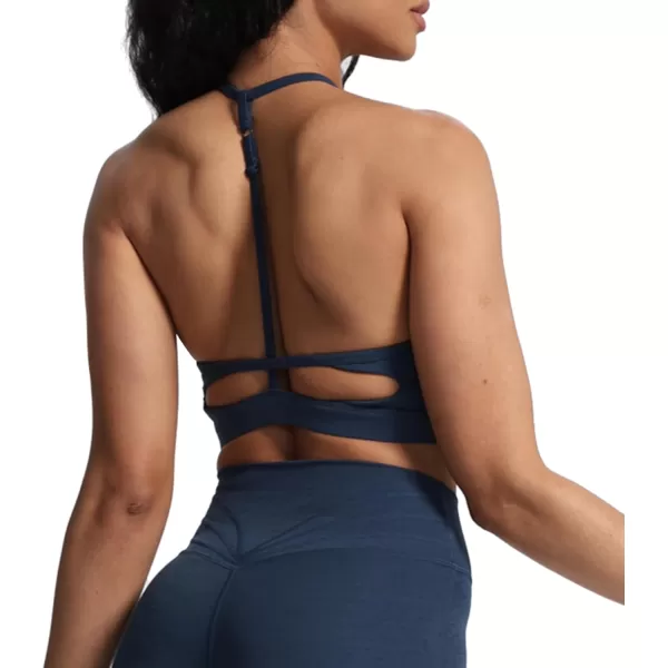 Aoxjox Womens Workout Sports Bras Fitness Backless Padded Darla High Neck Bra Yoga Crop Tank TopDark Blue Marl