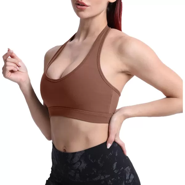 imageAoxjox Womens Workout Sports Bras Fitness Backless Padded Halter Bra Yoga Crop Tank TopDandelion Brown