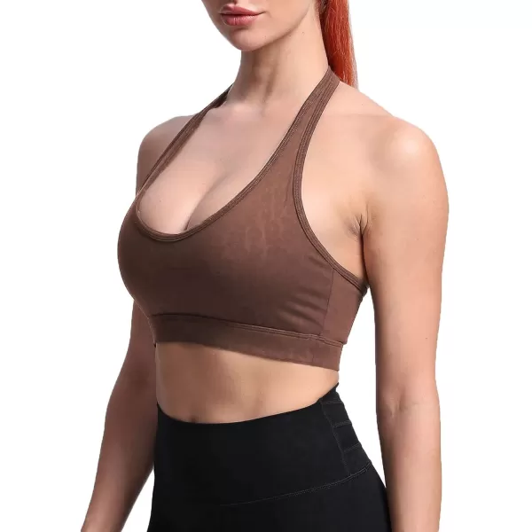 imageAoxjox Womens Workout Sports Bras Fitness Backless Padded Halter Bra Yoga Crop Tank TopDark Brown Leopard Print