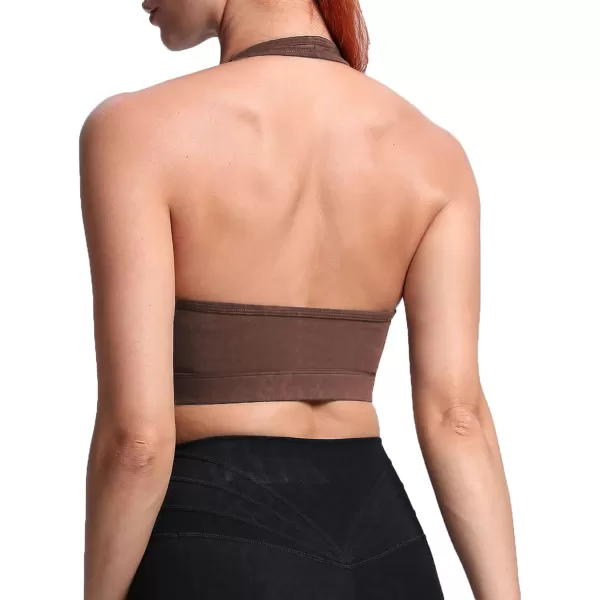 imageAoxjox Womens Workout Sports Bras Fitness Backless Padded Halter Bra Yoga Crop Tank TopDark Brown Leopard Print
