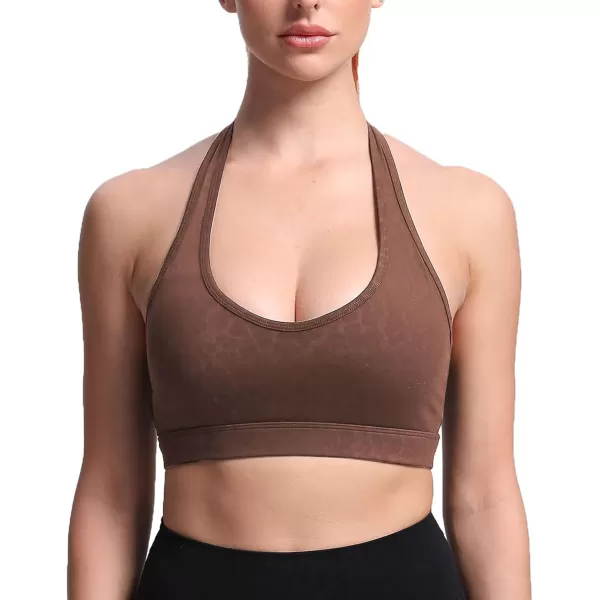 imageAoxjox Womens Workout Sports Bras Fitness Backless Padded Halter Bra Yoga Crop Tank TopDark Brown Leopard Print