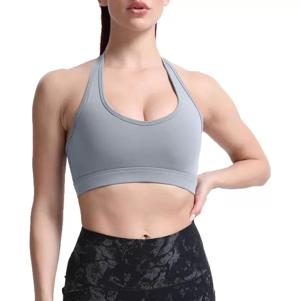 imageAoxjox Womens Workout Sports Bras Fitness Backless Padded Halter Bra Yoga Crop Tank TopGrey