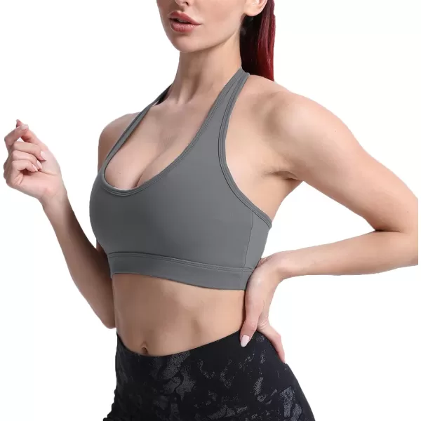 imageAoxjox Womens Workout Sports Bras Fitness Backless Padded Halter Bra Yoga Crop Tank TopIron Grey